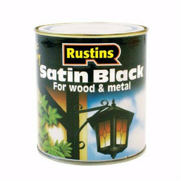 RUSTINS QUICK DRY INTERIOR & EXTERIOR PAINT FOR WOOD AND METAL SATIN BLACK VARIOUS SIZES