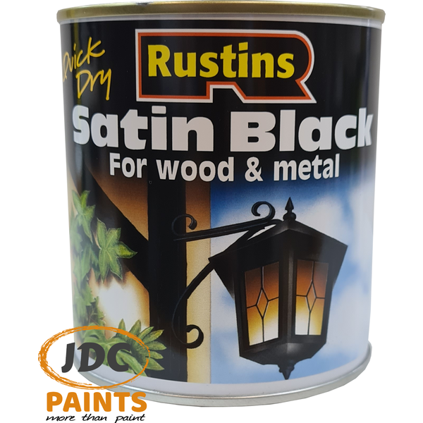 RUSTINS QUICK DRY INTERIOR & EXTERIOR PAINT FOR WOOD AND METAL SATIN BLACK VARIOUS SIZES