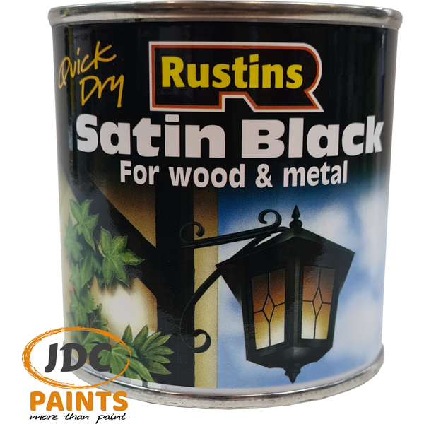 RUSTINS QUICK DRY INTERIOR & EXTERIOR PAINT FOR WOOD AND METAL SATIN BLACK VARIOUS SIZES